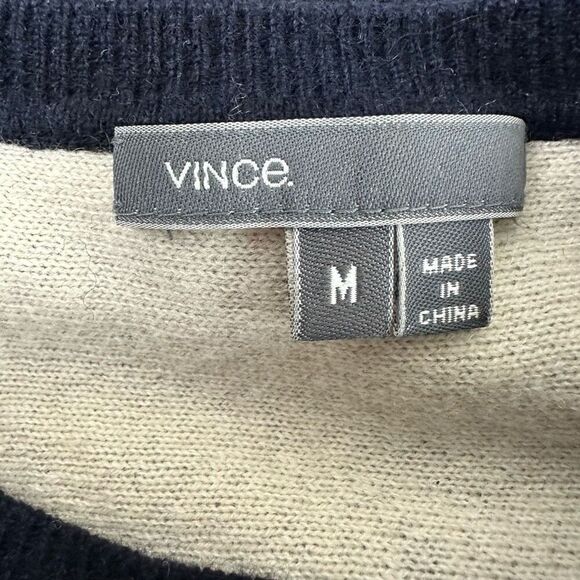 Vince M Short Sleeve Cashmere Sweater Navy Blue Cream Colorblock Minimalist - Picture 3 of 8